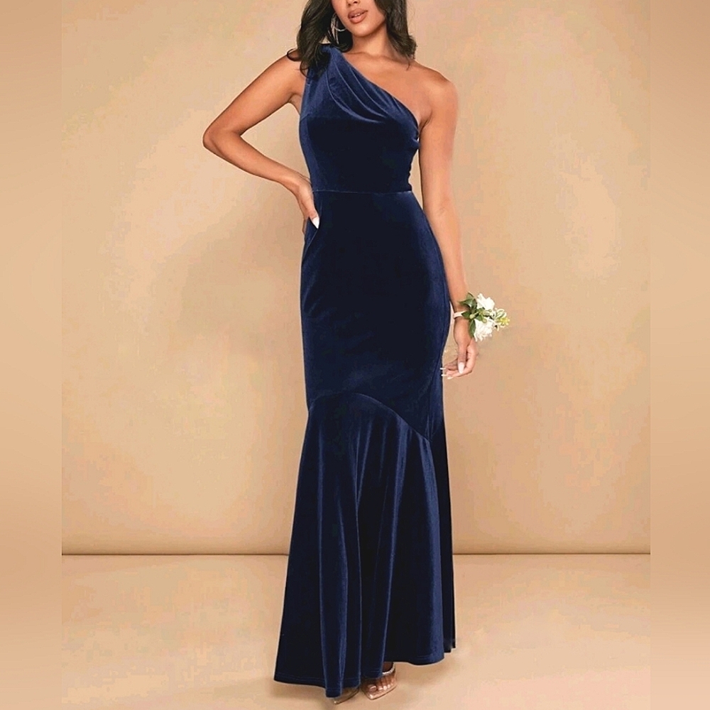 NEW Velvet One Shoulder Mermaid Dress Gown Navy Blue